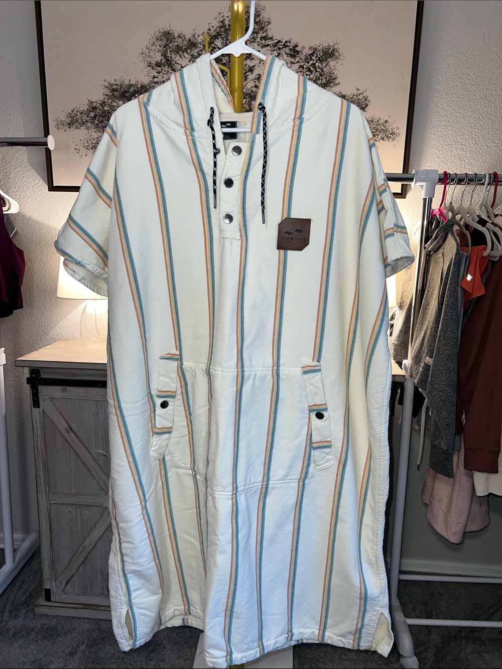 Slowtide Striped Short-Sleeve Hooded Poncho Shirt Unisex Sizing L/XL